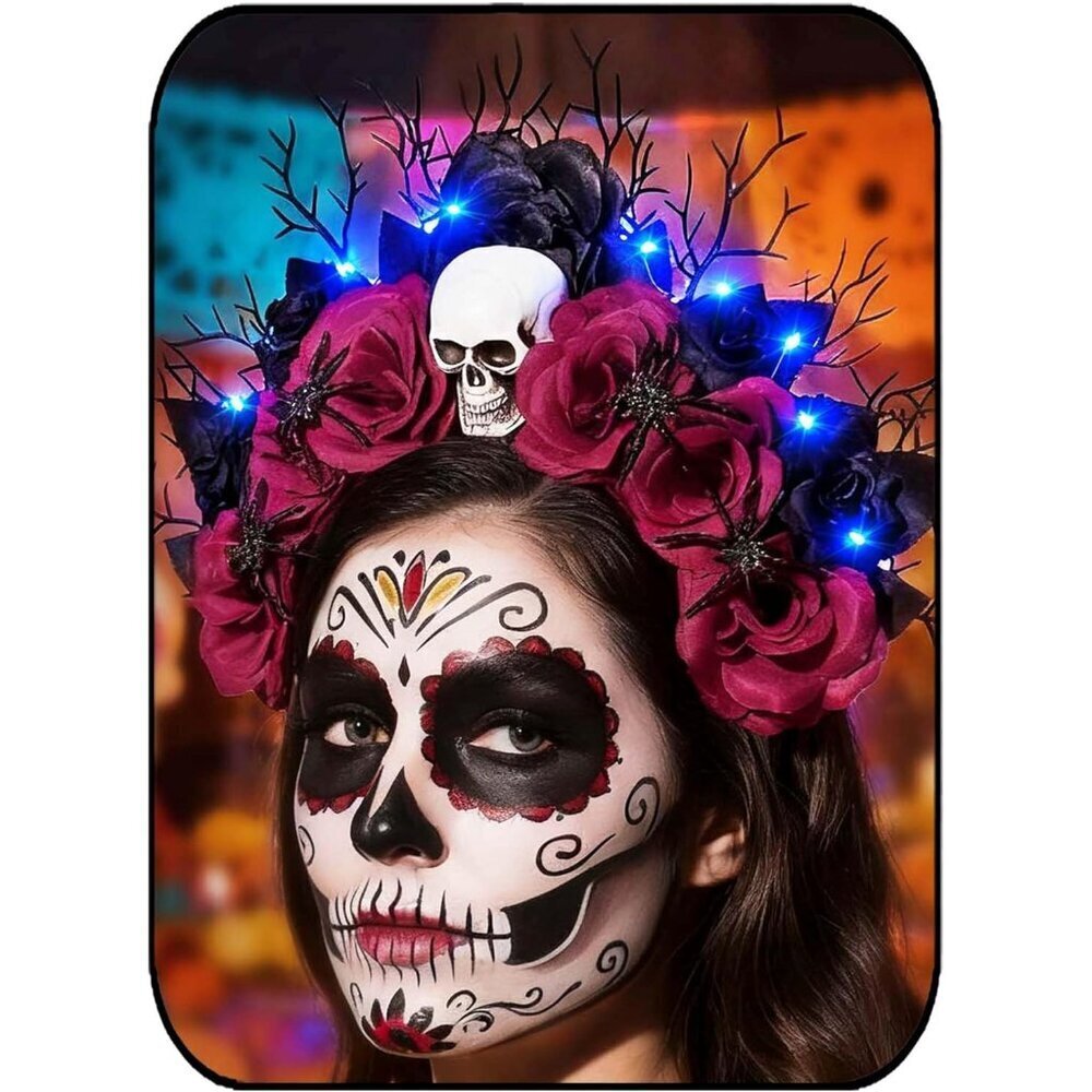 Light Up Rose Halo Crown Skull Flower Headband for Women Halloween Day of the De